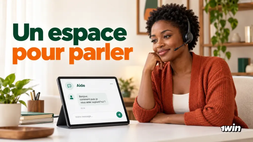 Femme devant une tablette d’aide avec le message Un espace pour parler.