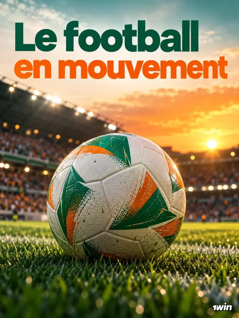 Ballon de football sur une pelouse de stade au coucher du soleil.
